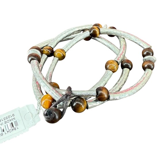 J. Jill Beaded Stone Bracelet Tiger's Eye Wood Hammered Metal Curved Silver Tone - Picture 14 of 14